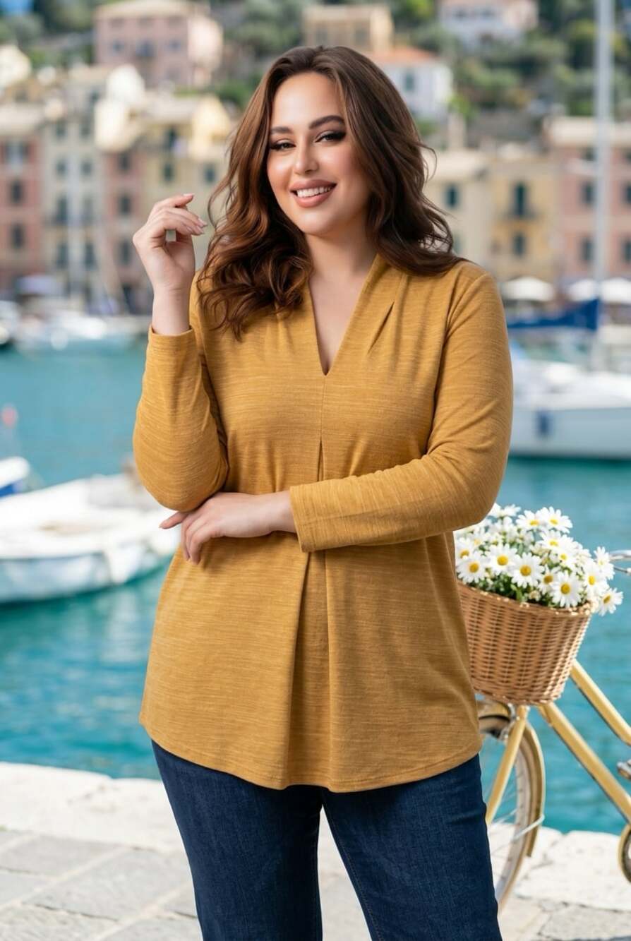 Cable & Gauge Mustard Yellow V-Neck Pleated Front Tunic Top Size XL